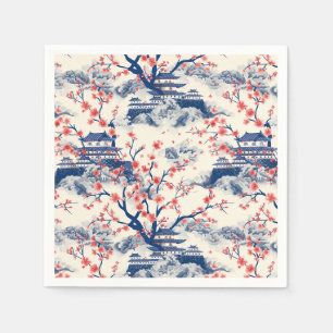 Japanese Pagoda Cherry Blossom Blue Cream Napkin