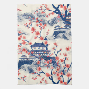 Japanese Pagoda Cherry Blossom Blue Cream Tea Towel