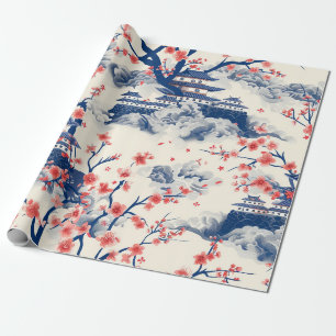 Japanese Pagoda Cherry Blossom Blue Cream Wrapping Paper