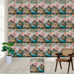 Japanese Pagoda & Cherry Blossom Chinoiserie Tile
