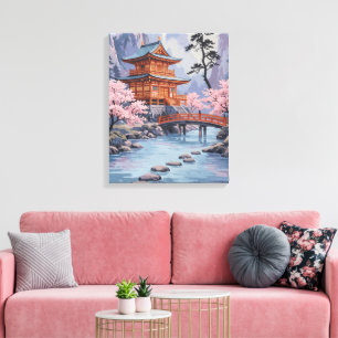 Japanese Pagoda Cherry Blossom Landscape Art Canvas Print