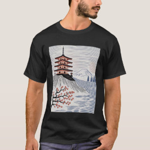 Japanese Pagoda Mount Fuji Cherry Blossom Landscap T-Shirt