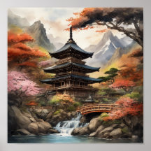Japanese Pagoda Near a Waterfall