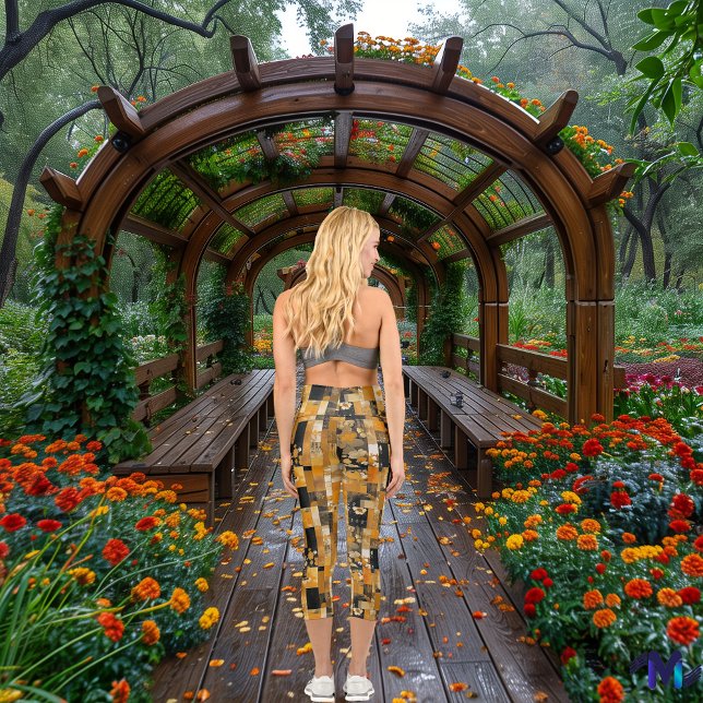 Japanese Patchwork in Gold and Black – Custom Text Capri Leggings (Creator Uploaded)