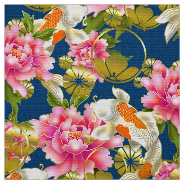 Japanese pattern fabric with Koi, flowers and mon (Swatch)