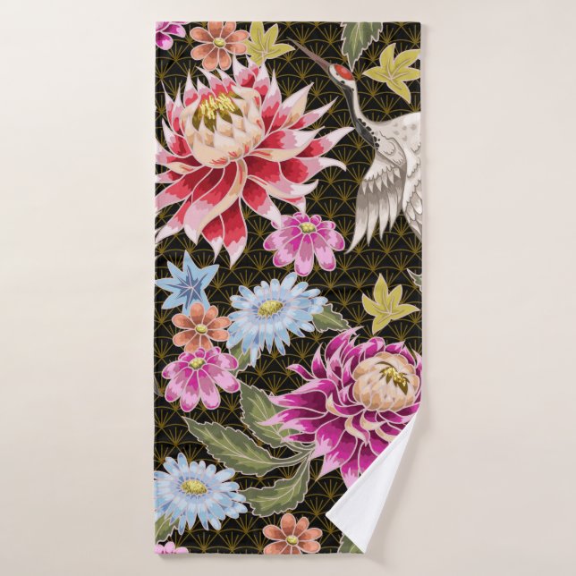 Japanese pattern with flowers and white cranes bath towel (Bath Towel)