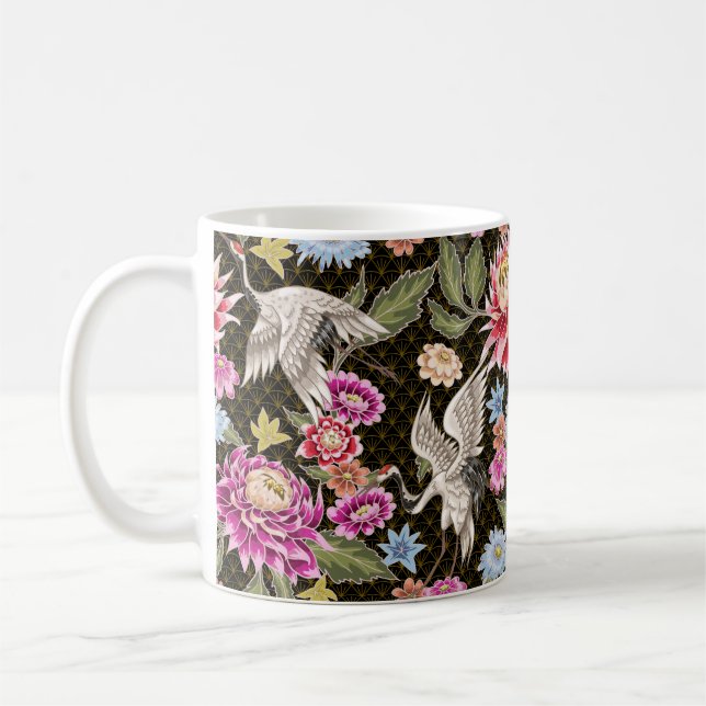 Japanese pattern with flowers and white cranes coffee mug (Left)