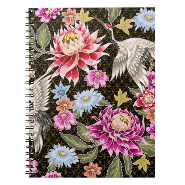 Japanese pattern with flowers and white cranes notebook (Front)