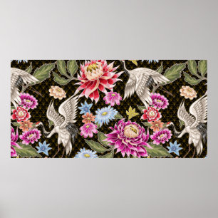 Japanese pattern with flowers and white cranes poster