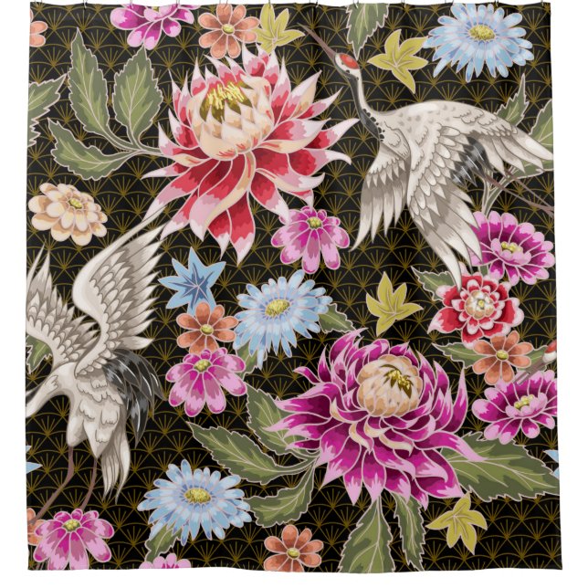 Japanese pattern with flowers and white cranes shower curtain (Front)