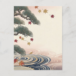 Japanese Pine Maple Leaves Autumn Waves Postcard