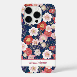 Japanese Pink Floral Pattern Monogrammed iPhone 16 Pro Case