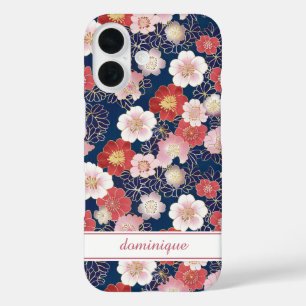 Japanese Pink Floral Pattern Monogrammed iPhone 16 Case