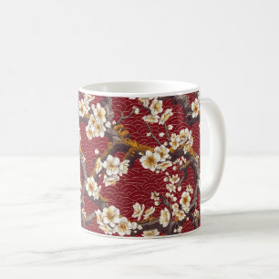 Japanese Plum Blossom Coral Cream Burgundy Pattern Coffee Mug