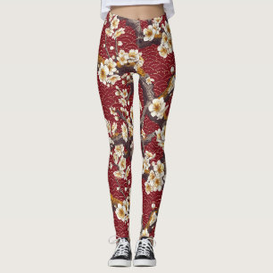 Japanese Plum Blossom Coral Cream Burgundy Pattern Leggings