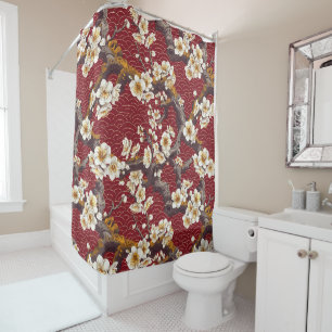 Japanese Plum Blossom Coral Cream Burgundy Pattern Shower Curtain