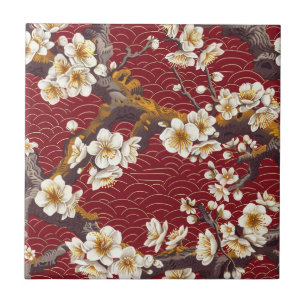 Japanese Plum Blossom Coral Cream Burgundy Pattern Tile