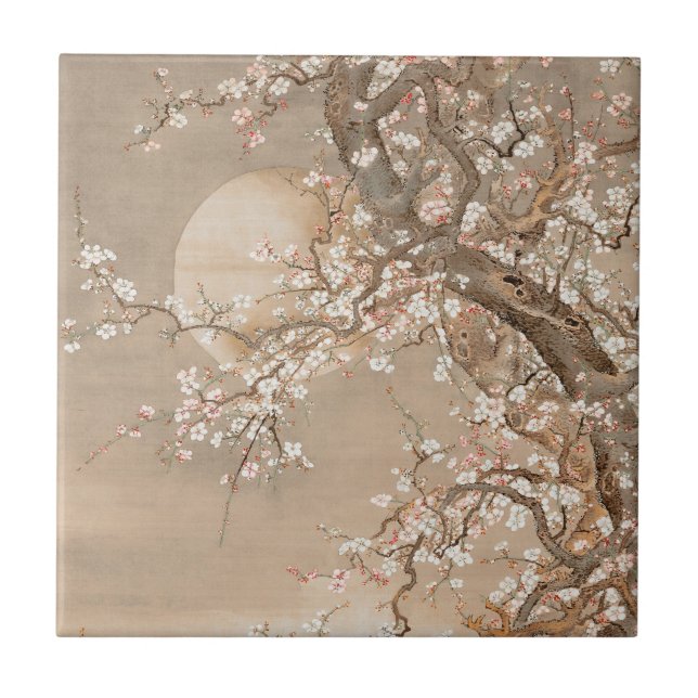 Japanese plum blossoms in moonlight by Sō Shizan Tile (Front)