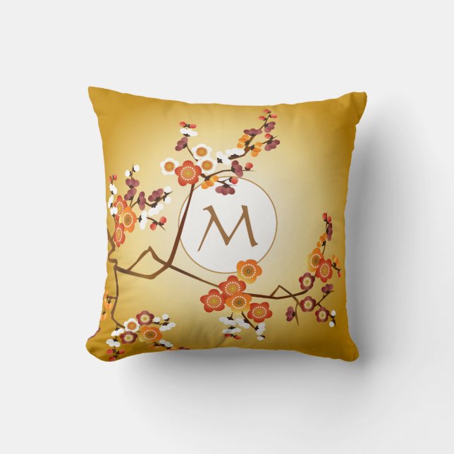 Japanese Plum Blossoms Moon Gold Orange Red Branch Cushion (Front)