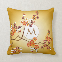 Japanese Plum Blossoms Moon Gold Orange Red Branch Cushion