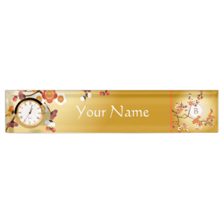 Japanese Plum Blossoms Moon Gold Orange Red Branch Nameplate