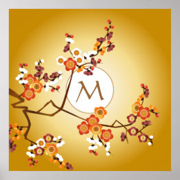 Japanese Plum Blossoms Moon Gold Orange Red Branch Poster