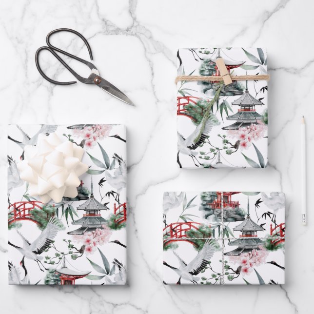 Japanese Pogoda, Bridge, Cranes and Blossoms Wrapping Paper Sheet (Front)