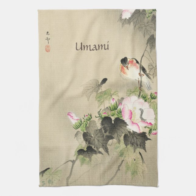 Japanese print Botanical Rose and Bird Tea Towel (Vertical)