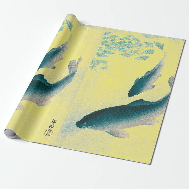 JAPANESE PRINT OF FISH SWIMMING YELLOW WRAPPING WRAPPING PAPER (Unrolled)