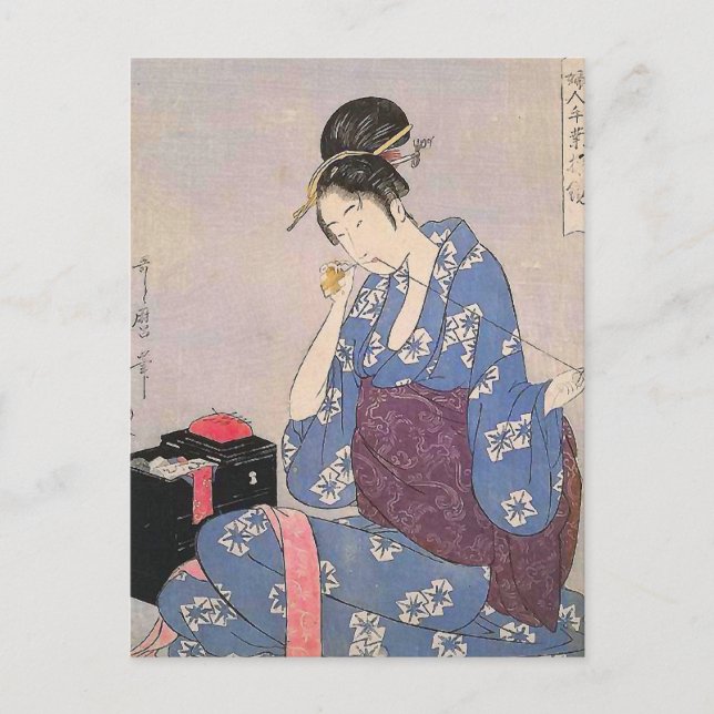 Japanese Print of Woman Sewing Postcard (Front)