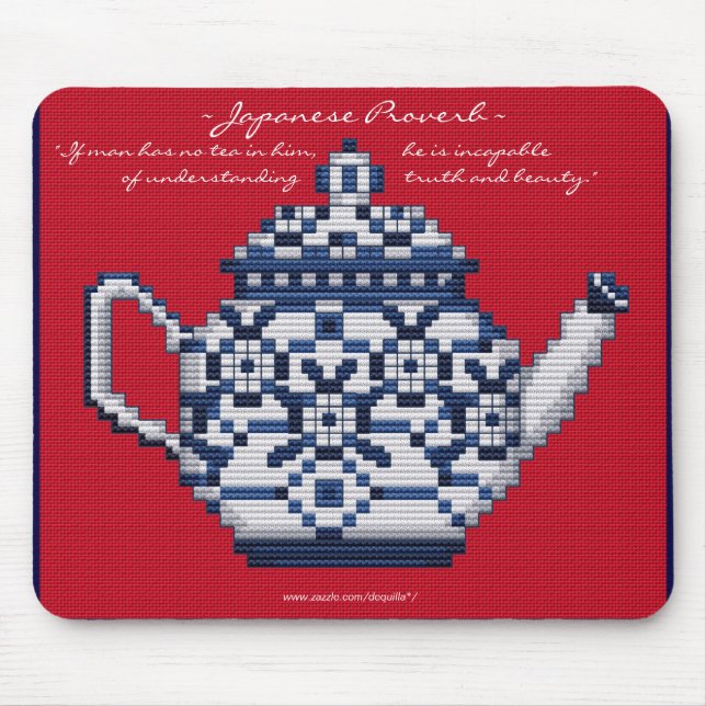 JAPANESE PROVERB TEA POT Cross Stitch Style Design Mouse Pad (Front)