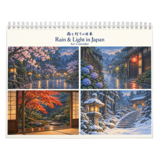 Japanese Rain & Lantern Light Woodblock Style Art Calendar