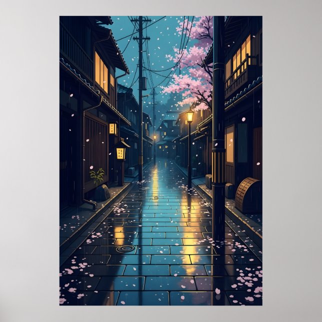 Japanese Rainy Cozy Cherry Blossom Street Anime Poster (Front)