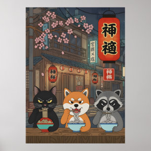 Japanese Ramen cat dog Raccoon Animal Art Noodles Poster