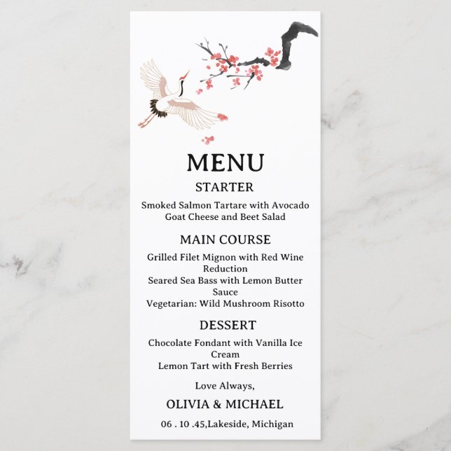 Japanese Red-Crowned Crane Wedding Menu Card  (Front)