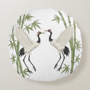 Japanese Red-Crowned Cranes Embroidery Bamboo gift Round Cushion