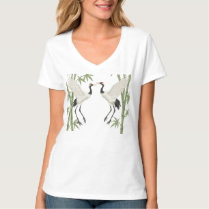 Japanese Red-Crowned Cranes Embroidery Bamboo gift T-Shirt