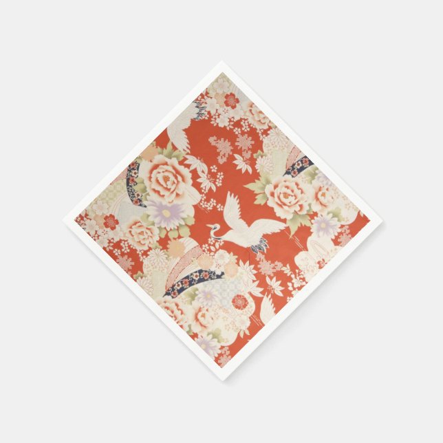 Japanese Red Kimono Crane Pattern Sakura Flowers Napkin (Corner)