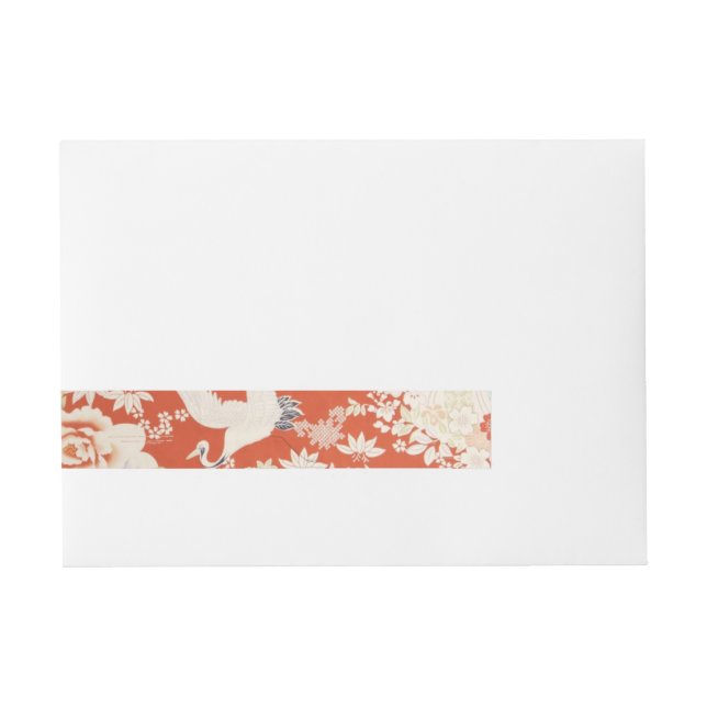 Japanese Red Kimono Crane Pattern Sakura Flowers Wraparound Address Label (Front)