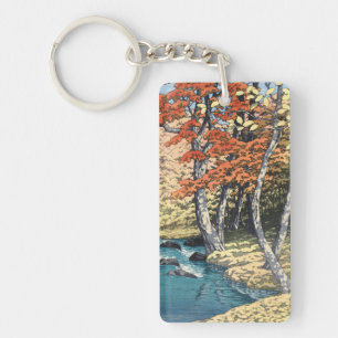 Japanese Red Maple River Shin-hanga Poster Key Ring