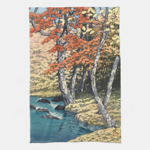 Japanese Red Maple River Shin-hanga Poster Tea Towel