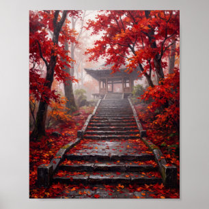 Japanese Red Maple Temple Staircase Print