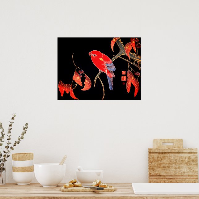 Japanese Red Parrot on tree branch by Ito Jakuchu Poster (Kitchen)