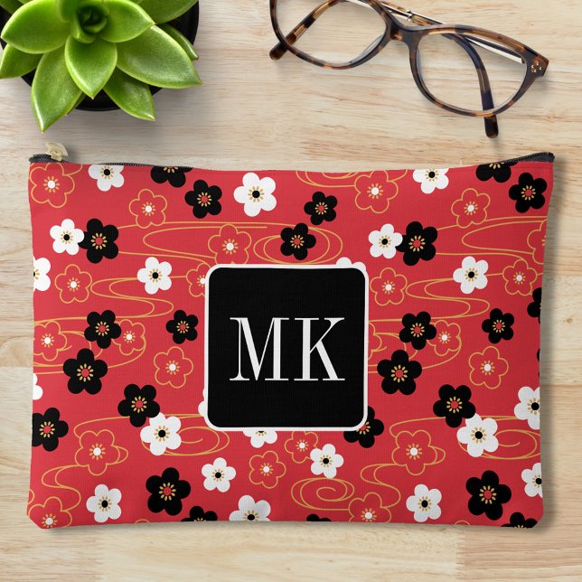 Japanese Red Sakura Blossom Monogram Initials Accessory Pouch (Creator Uploaded)