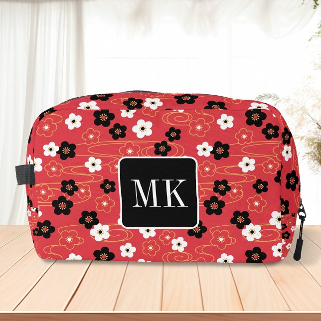 Japanese Red Sakura Blossom Monogram Initials Dopp Kit (Creator Uploaded)