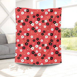 Japanese Red Sakura Cherry Blossom Flowers Fleece Blanket