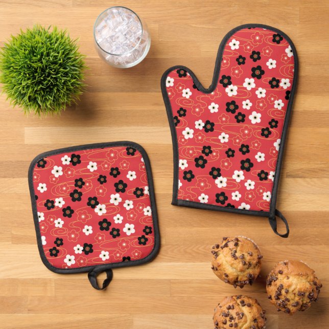 Japanese Red Sakura Cherry Blossom Flowers Oven Mitt & Pot Holder Set (Top Down)