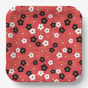 Japanese Red Sakura Cherry Blossom Flowers Paper Plate