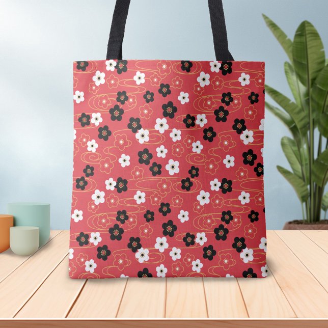 Japanese Red Sakura Cherry Blossom Flowers Tote Bag (Creator Uploaded)