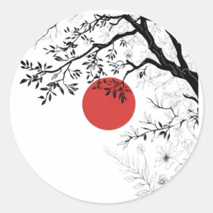 Japanese Red Sun & Brush Tree Art Classic Round Sticker